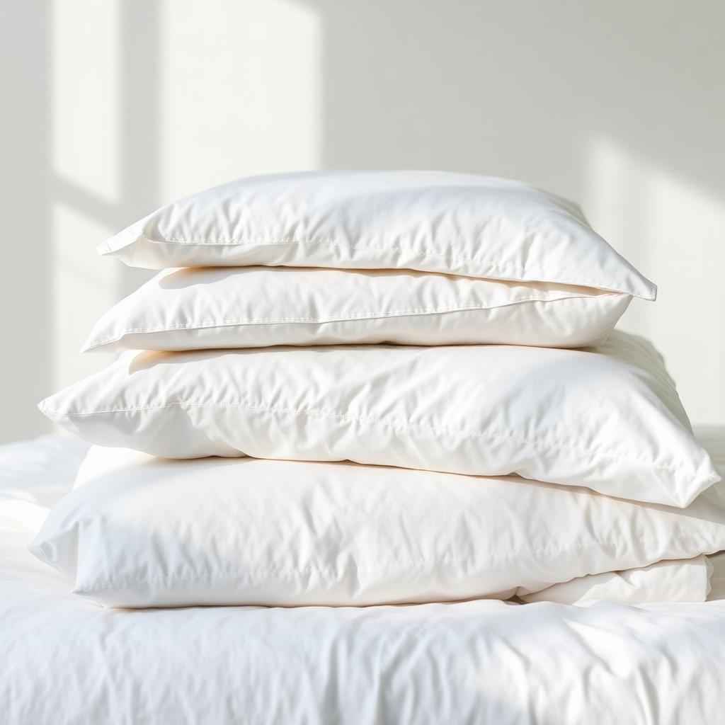Stacked fresh white pillows and bedding