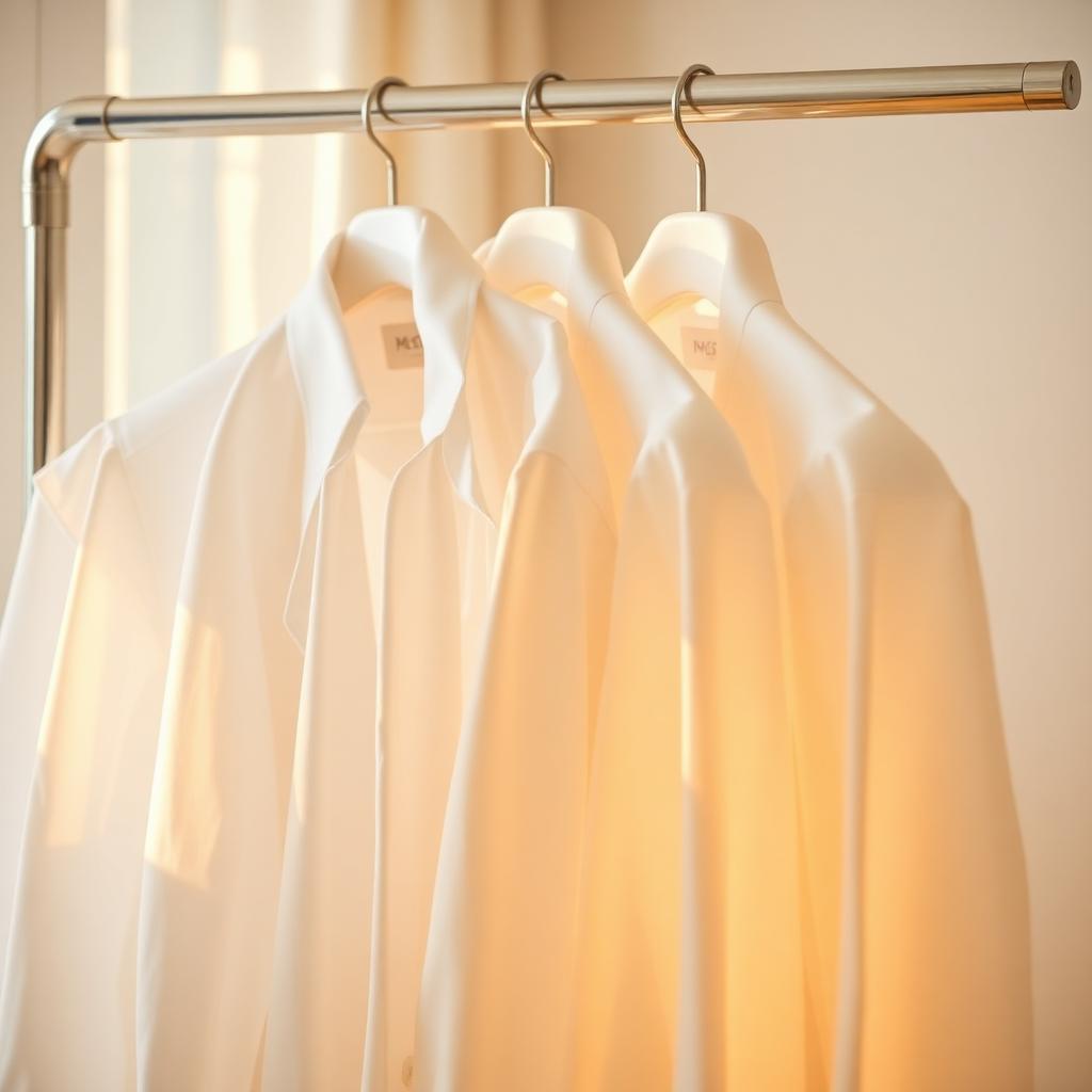 Crisp white ironed shirts hanging on a rail