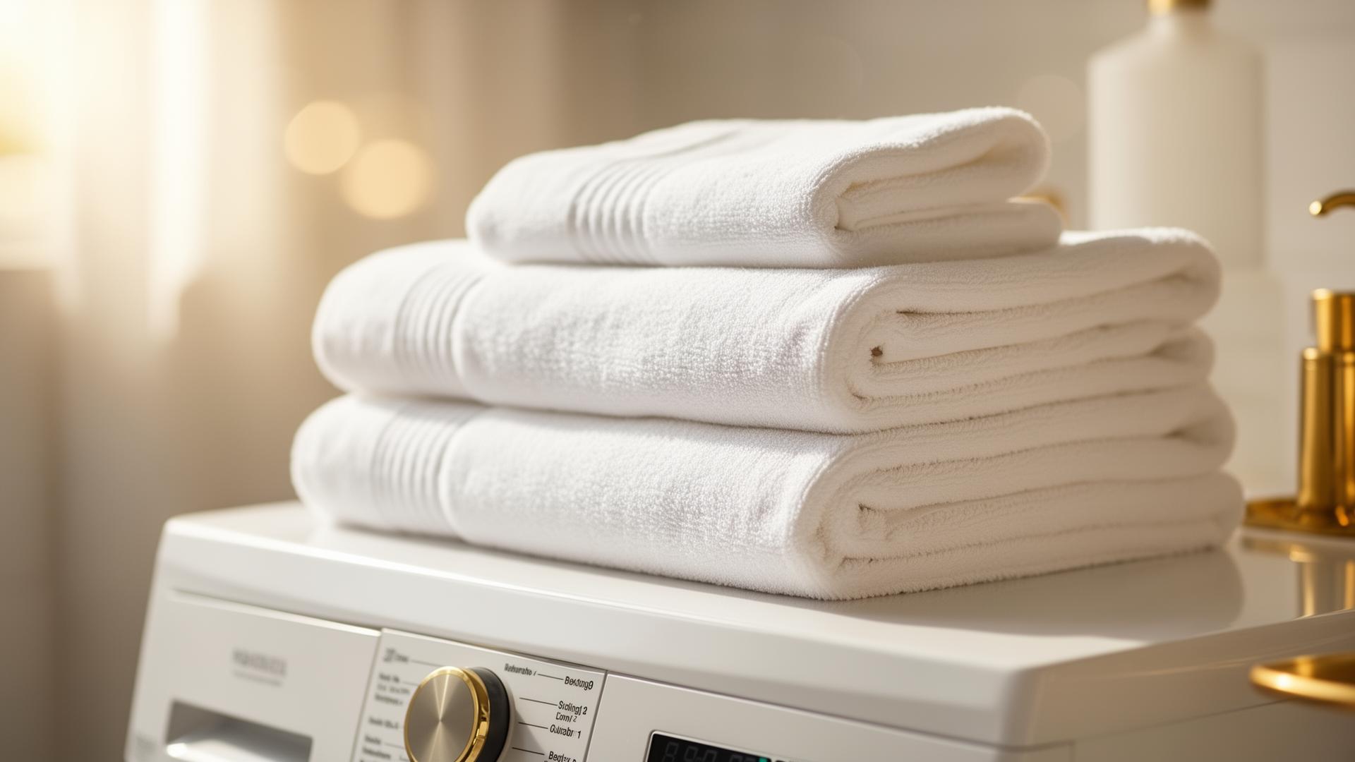 Fresh folded white towels stacked on a washing machine